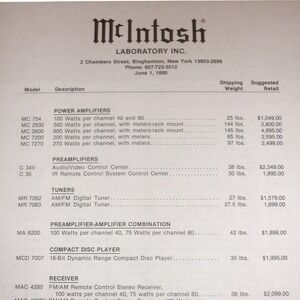 Vintage 1990 McIntosh Laboratory Audio Equipment Price List Ephemera